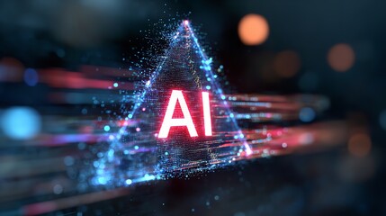 Abstract AI Digital Art Futuristic Technology Network Triangle Red Blue Glow Data Code Deep Pixel   