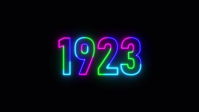1923 neon line text. Abstract 1923 neon text animation ,For neon color Glowing neon number text background 4k video animation .Digital font against a dark background with neon line looping animation.