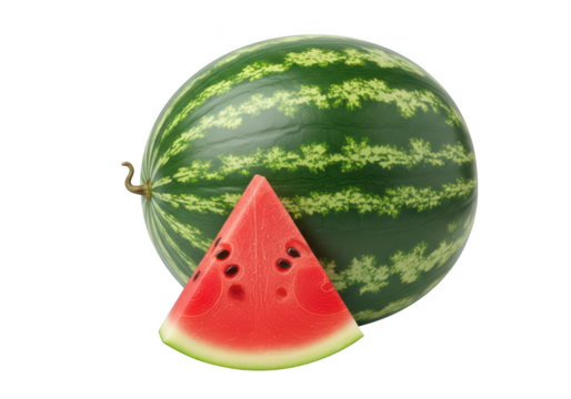 Whole ripe watermelon with a triangular slice showing seeds and red flesh fruit food