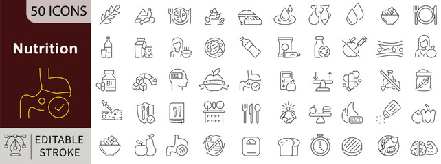 Nutrition Line Icons Set with Editable Stroke for Healthy Eating, Diet, Food, and Wellness Management