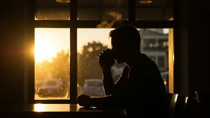 Person enjoying a warm beverage by a window at sunrise