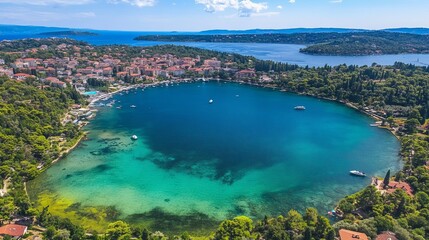 High-angle view of a bay with town and lush greenery. Turquoise water surrounds a town nestled amongst hills. Boats are in the water