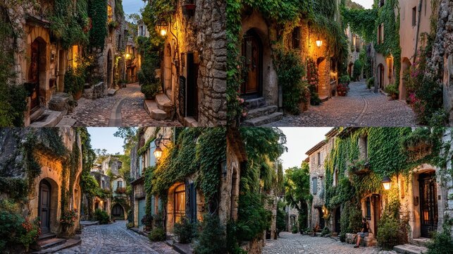 A quadriptych showcasing four similar views of a charming, narrow, stone street at dusk, overflowing with lush greenery, ivy-covered buildings, and warm lamplight