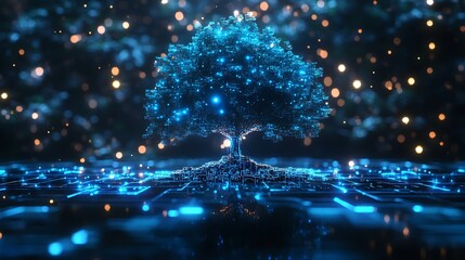 Luminous Digital Tree on Circuit Board with Bokeh Lights Background for Technology Concepts