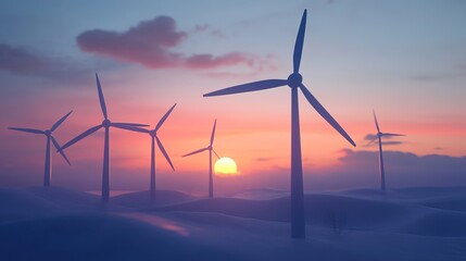 Wind turbines at sunset over a snowy landscape