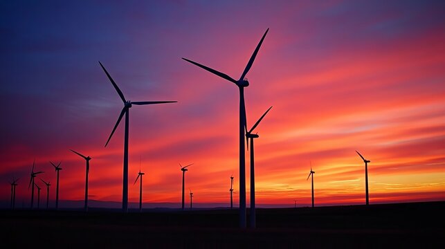 Silhouetted wind turbines against a vibrant sunset