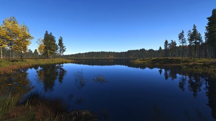Fototapeta premium Serene lake scene with autumnal trees