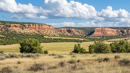 Red rock canyon vista, wide shot,  grassy plains,  blue sky,  fluffy clouds