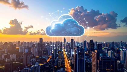 Cloud Computing Over Urban Skyline: A vibrant visualization of cloud computing, with a luminous cloud formation hovering above a modern cityscape.