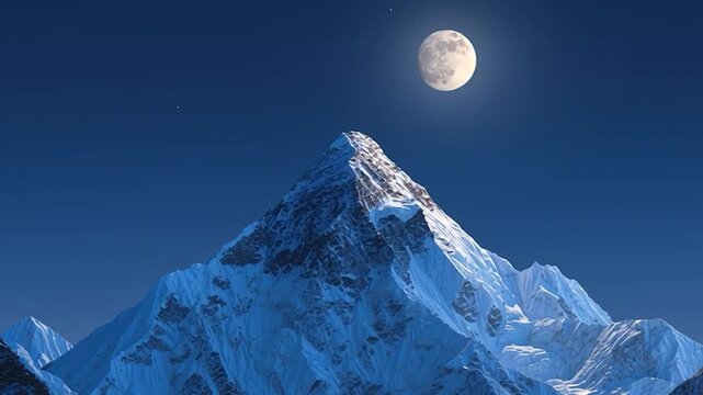 Snow-capped mountain peak bathed in the ethereal glow of a full moon. Ideal for adventure, nature, beauty, tranquility.