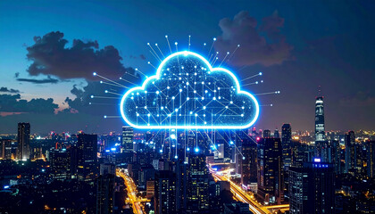 Cloud Computing: The image presents a captivating depiction of cloud computing, with a glowing digital cloud symbol hovering over an urban cityscape under a twilight sky.
