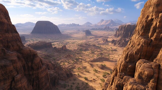 Desert valley vista, rocky cliffs