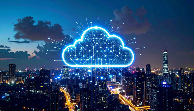 Cloud Computing: The image presents a captivating depiction of cloud computing, with a glowing digital cloud symbol hovering over an urban cityscape under a twilight sky.