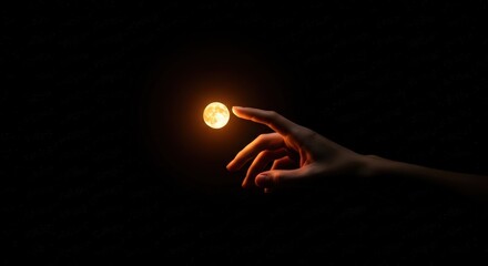 fingertips reaching for a glowing golden moon in absolute darkness, celestial connection