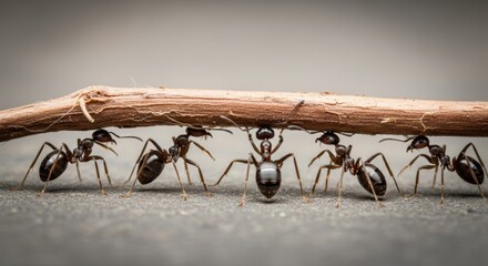 teamwork of ants carrying a large wooden stick on the ground
