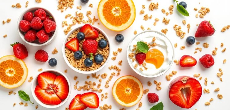 Overhead flat lay of organic granola, yogurt, and fresh fruit on white background,  colorful,  cereal