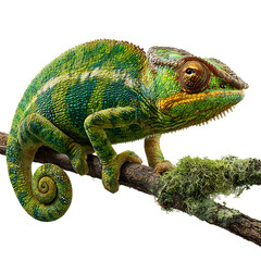 Obraz premium A chameleon with a curled tail perched on a mosscovered branch on transparent background
