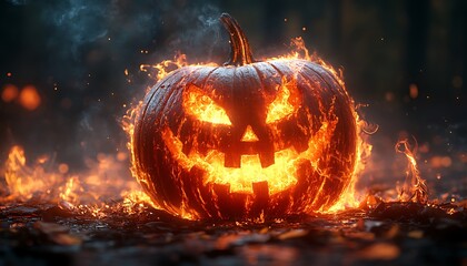 Naklejka premium Jack O Lantern Pumpkin on Fire with Glowing Eyes and Mouth halloween burning