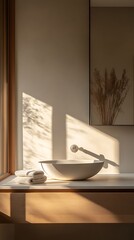 Modern Bathroom Interior with Round Sink, Towels, Reed Art, Sunlight, and Wood Accents