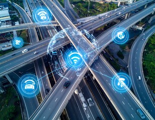 Aerial view of a complex highway interchange with overlaid digital network icons representing connectivity and communication