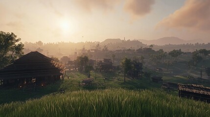 Sunrise over a rustic, abandoned village nestled in a valley