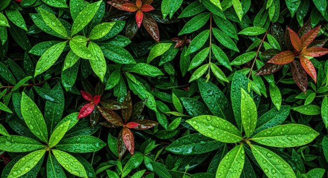wet green and red leaves with water drops after rain