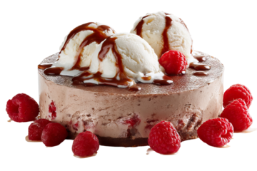 Luscious raspberry fudge torte ice‑cream scoop with silky chocolate ripple and ruby berry chunks, clean PNG cutout on transparent background ideal for dessert menus, packaging mockups