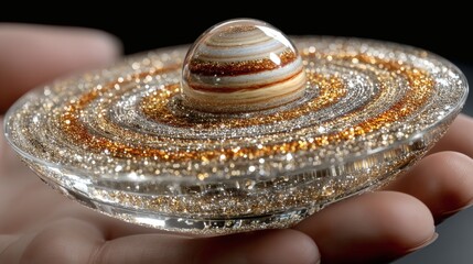 Elegant Glass Art Piece with Gold Glitter and Swirling Design in Hand