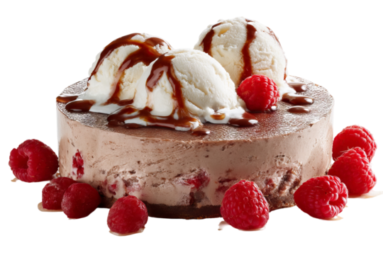 Luscious raspberry fudge torte ice‑cream scoop with silky chocolate ripple and ruby berry chunks, clean PNG cutout on transparent background ideal for dessert menus, packaging mockups