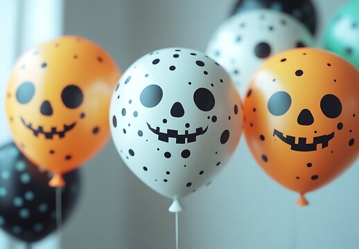 Orange and white balloons with black jack-o-lantern faces and polka dots Halloween pumpkin