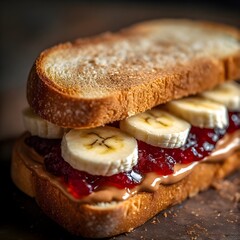 closeup of a delicious peanut butter, grape jelly, and sliced banana sandwich