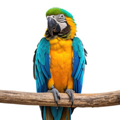 Fototapeta premium Blue and gold macaw parrot perched on a branch isolated on transparent background