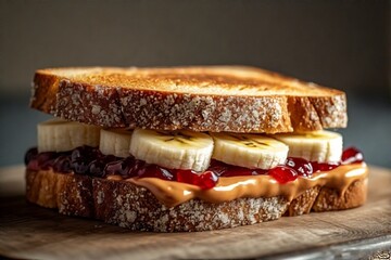 delicious peanut butter, grape jelly, and sliced banana sandwich on a wooden board