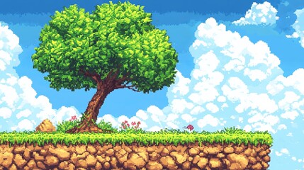 Pixel art landscape with a tree, grass, and clouds