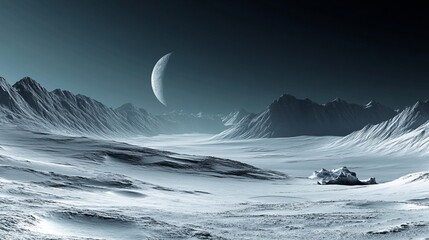 Frozen alien landscape under a crescent moon