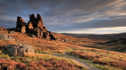 Dramatic rock formations atop a heather-covered hillside at sunset