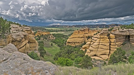 Rocky landscape with dramatic clouds.  Valley view