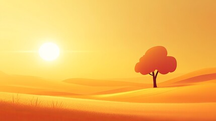 Warm desert sunset, single tree