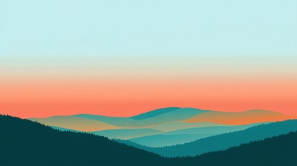 Peaceful mountain range at sunset. Soft colors blend into the sky