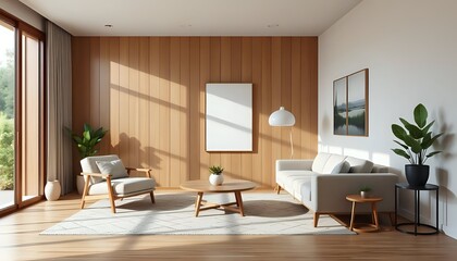 japandi living room with wood wall art, natural tones, modern armchair, round ottoman and sunlight through large window