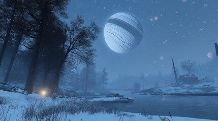 Winter forest, alien planet, misty river, starry night