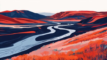 Winding river through colorful mountains