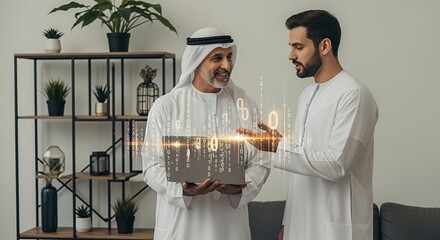Two men in traditional Middle Eastern clothing collaborate on a laptop, showcasing digital data visualization.
