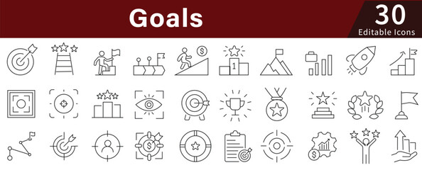 Goals Line Icons Set with Editable Stroke for Target, Achievement, Success, and Business Objectives