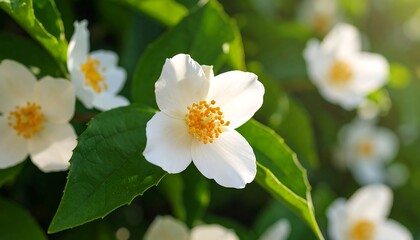 Obraz premium Close-up of several pristine white flowers with yellow centers, surrounded by vibrant green foliage, bathed in sunlight