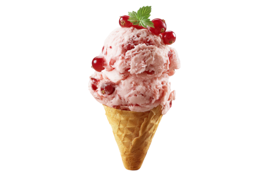 Fresh strawberry ice‑cream scoop dotted with ripe berry bits on clean transparent PNG background, seamless cutout element for dessert menus, food packaging designs, and playful digital branding