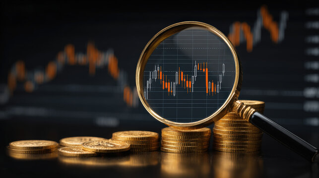 Magnifying glass focusing on financial chart with coins, symbolizing investment analysis and market trends, evoking curiosity and insight