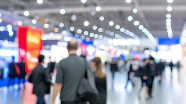 blurred video of people walking at a busy convention center or exhibition hall, with bright lights and colorful displays creating a dynamic bokeh effect.