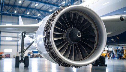 Close-up of aircraft engine in hangar