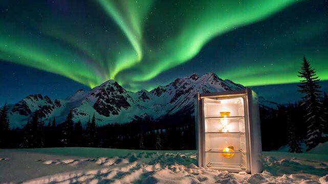 An open refrigerator stands in a snowy mountain landscape under a vibrant display of Northern Lights, creating a surreal and beautiful winter scene.